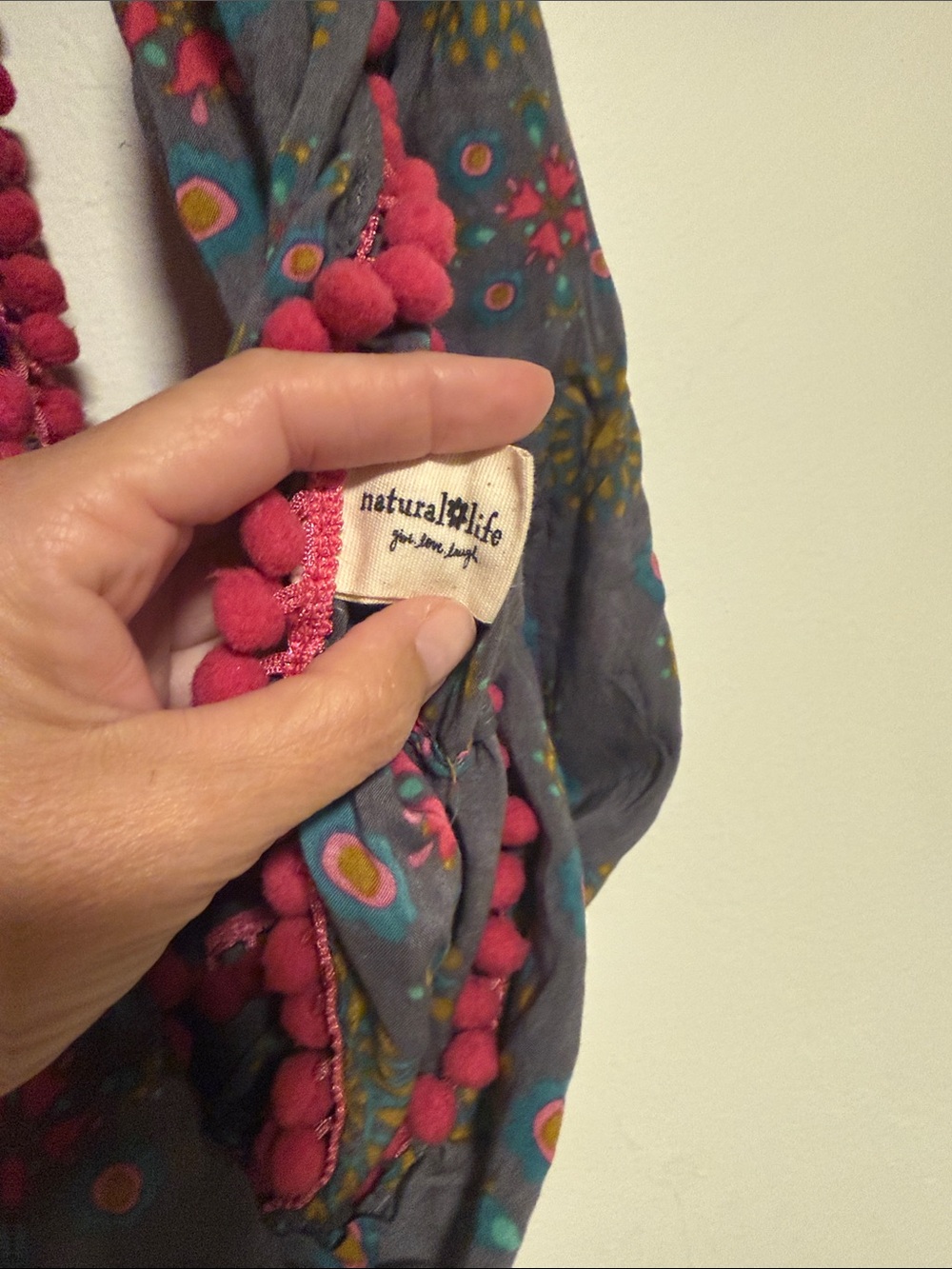 NATURAL LIFE Gray Floral Infinity Scarf with Pink Pom Trim - Picture 3 of 3